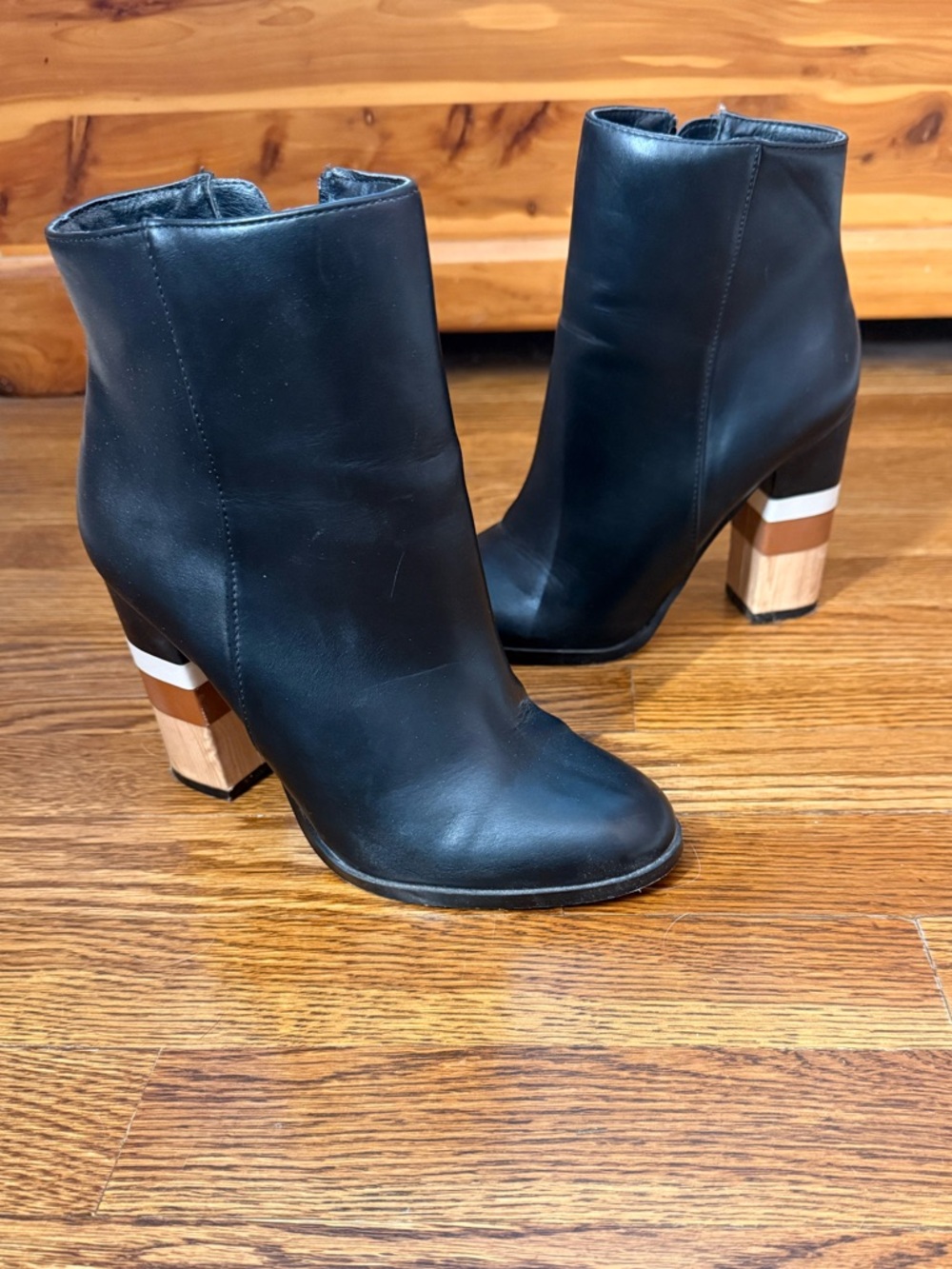 JustFab Black Leather Ankle Boots with Striped Block Heel